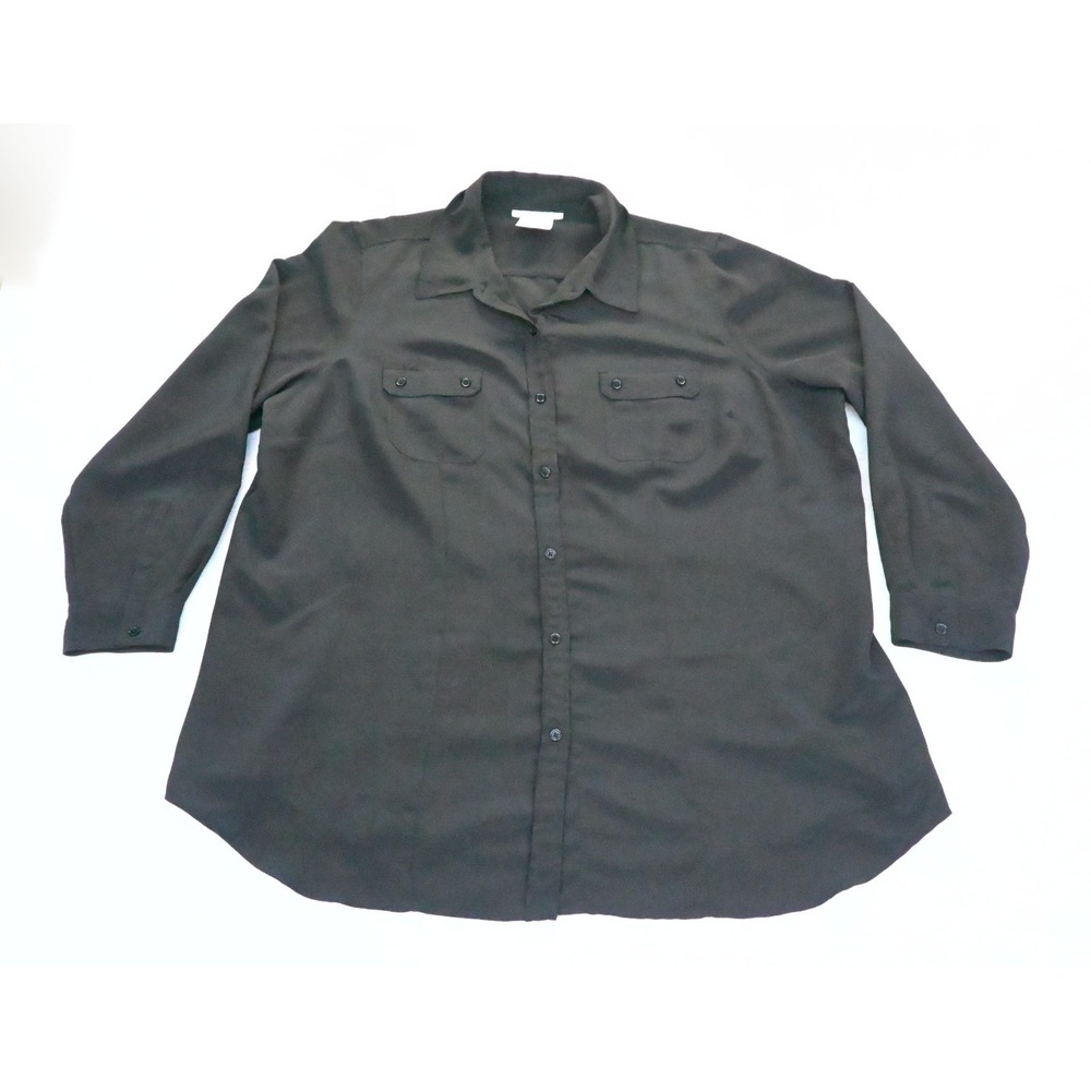Chelsea Studio Womens 1X Black Button Up Blouse Flap Chest Pockets Shirttail Hem